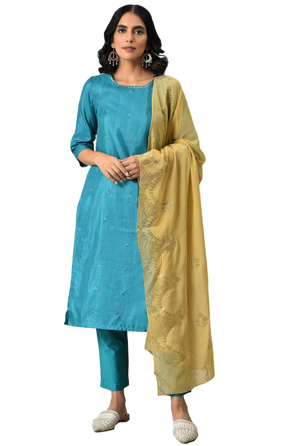 W For Woman Teal Sequin Highlighted Kurta With Pants And Golden Dupatta_22Auws18306-218210_S