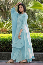 ANNI DESIGNER Women s Rayon Blend Kurta with Pants and Dupatta, Sky blue, L