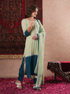 ANNI DESIGNER Ladies Plain Cotton Blend Straight Kurta with Trousers and Dupatta, green, XL