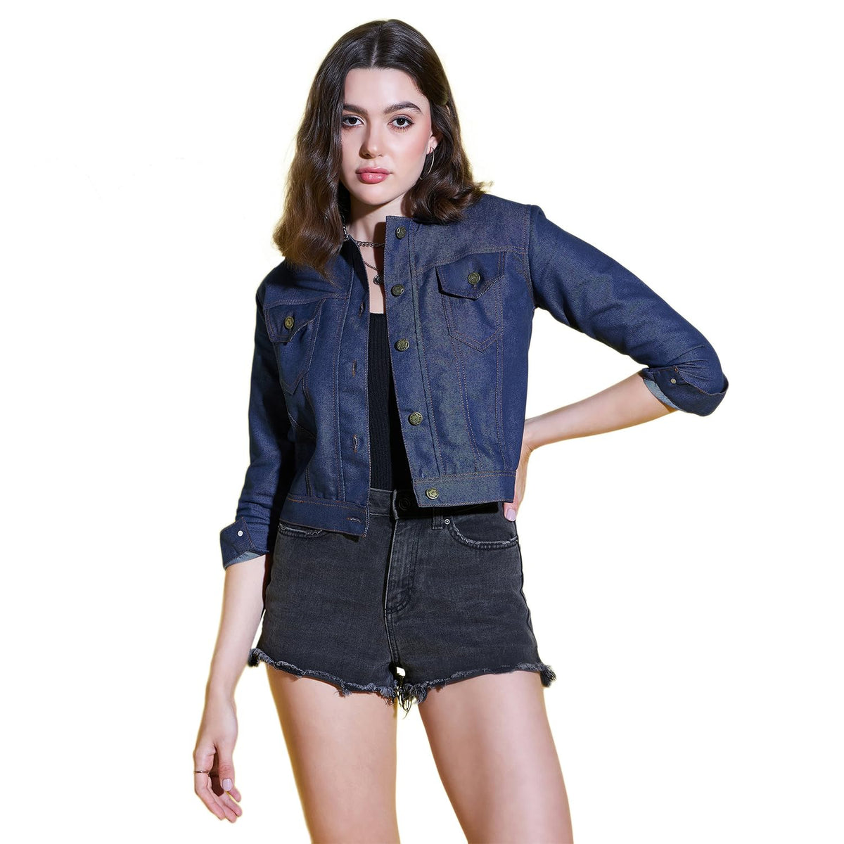 Buynewtrend Buttoned Solid Regular Fit Women Denim Jacket | Spread Collar Casual Jackets (XSmall, Dark Blue)