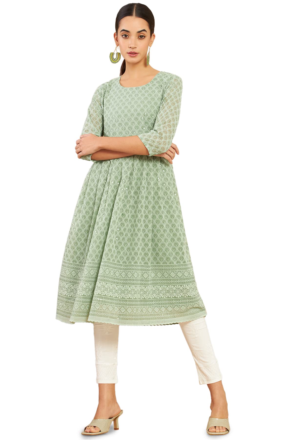 Soch Women Green Georgette Embroidered Kurta