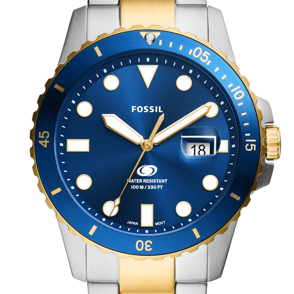 Fossil Men's Blue Quartz Stainless Steel Three-Hand Watch, Color: Two Tone/Blue Taper (Model: FS6034)