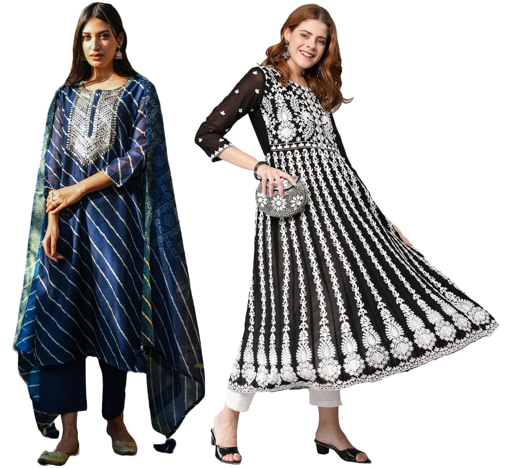 Gosriki Women'S Embroidered Kurti & Kurti Pant Dupatta Set Combo Pack Of 2 (Doremi Navy & Kari Black-Gs_Xxl_Multi_Xx-Large)