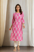 W Pink Floral Printed Rayon Straight Long Kurta for Women