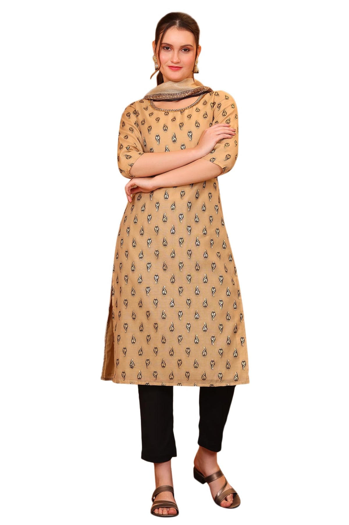 Aurelia Womens Ethnic Motifs Beads Embellished Straight Jacquard Beige Kurta, Cotton Black Trouser and Abstract Dupatta Set (Siz