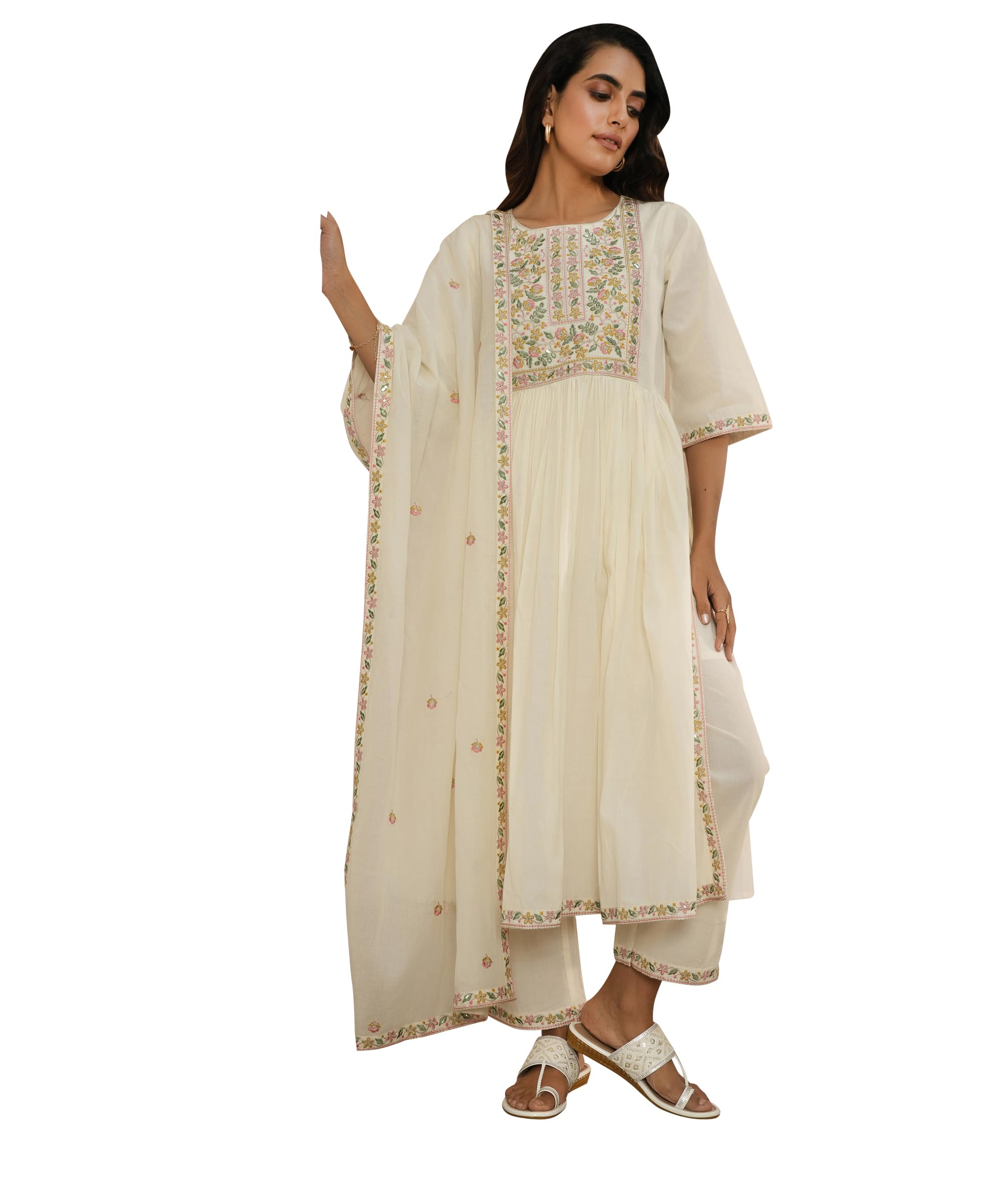 Libas Womens Yoke Design Cotton A-Line Kurta With Trousers And Dupatta