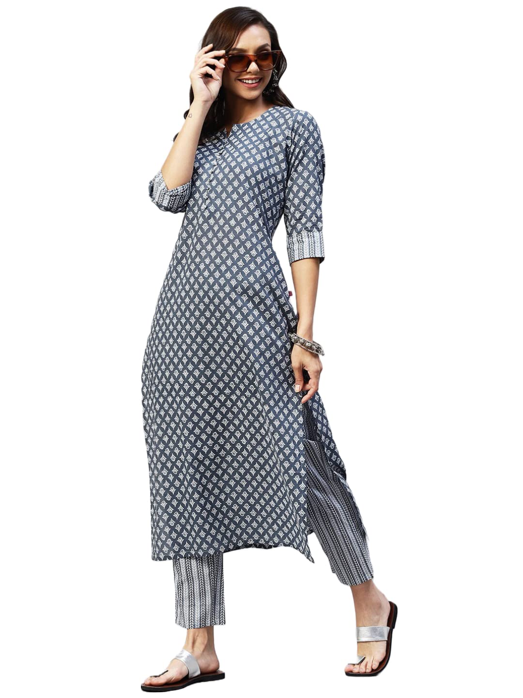 ANNI DESIGNER Womens Cotton Blend Straight Printed Kurta with Pant (Sumedha Blue_M_ Blue_Medium)
