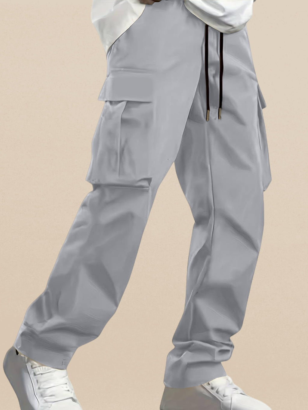 Indoprimo MenS Cotton Trousers Cargo Style With Drawstring Both Side Pockets Solid Pattern Regular Fit And Long Length Grey