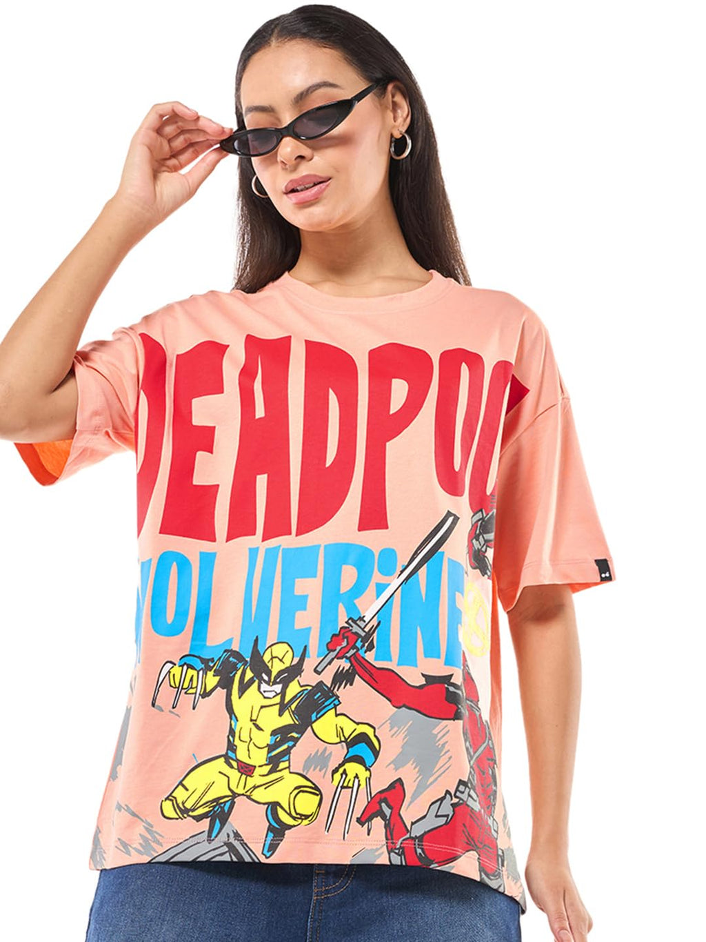 Bewakoof Official Marvel Merchandise Wolverine Womens Graphic Printed Oversized Fit Half Sleeve Round Neck Cotton Jersey T-Shir