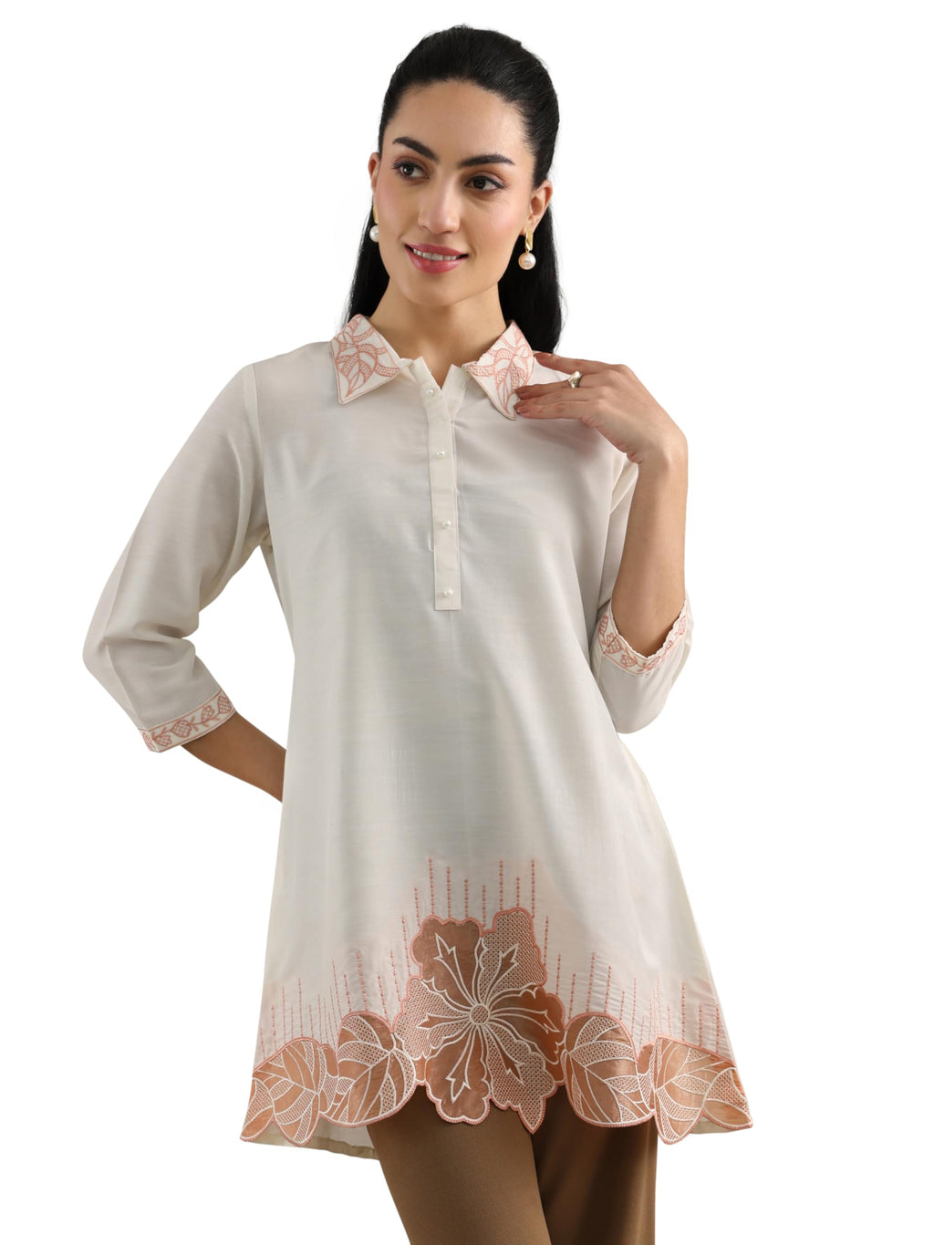 Libas Womens Silk Blend Embroidered Straight Kurti (58315_Off White