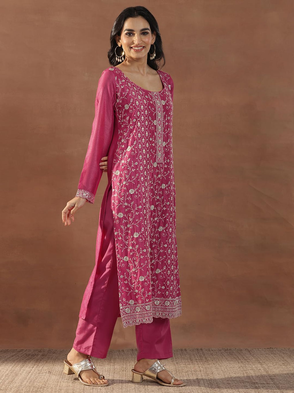 Libas Womens Embroidered Silk Blend Straight Kurta With Palazzos And Dupatta