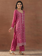 Libas Womens Embroidered Silk Blend Straight Kurta With Palazzos And Dupatta