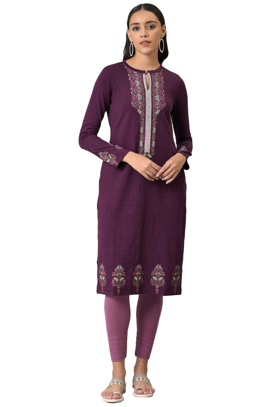 W For Woman Purple Floral Printed Winter Kurta_22Now18424-119398P_M