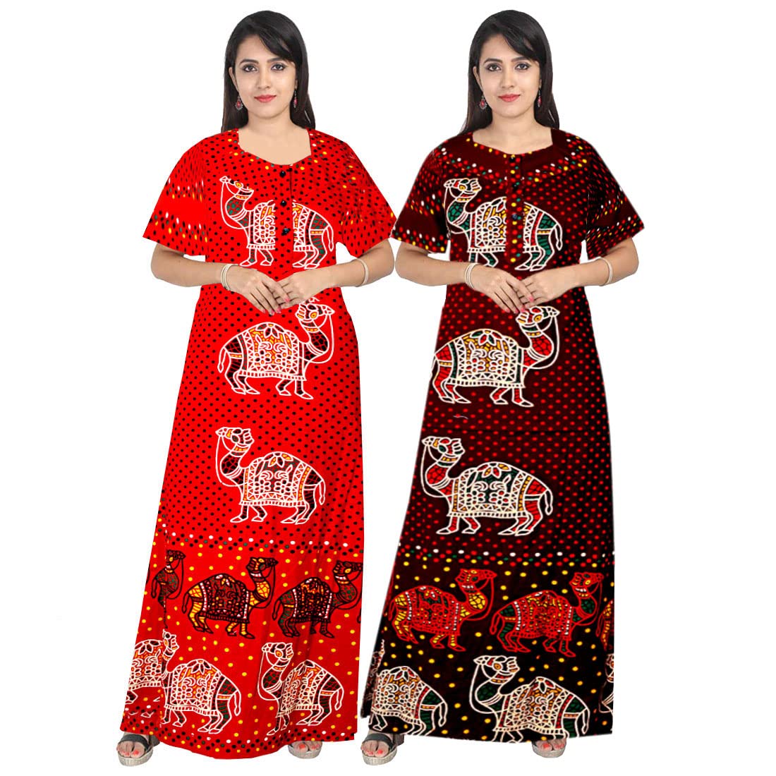 Trendy Fab Attractive WomenS 100% Cotton Printed Nightwear Maternity Maxi Gown Nightdresses (Pack Of 2) Red,Maroon