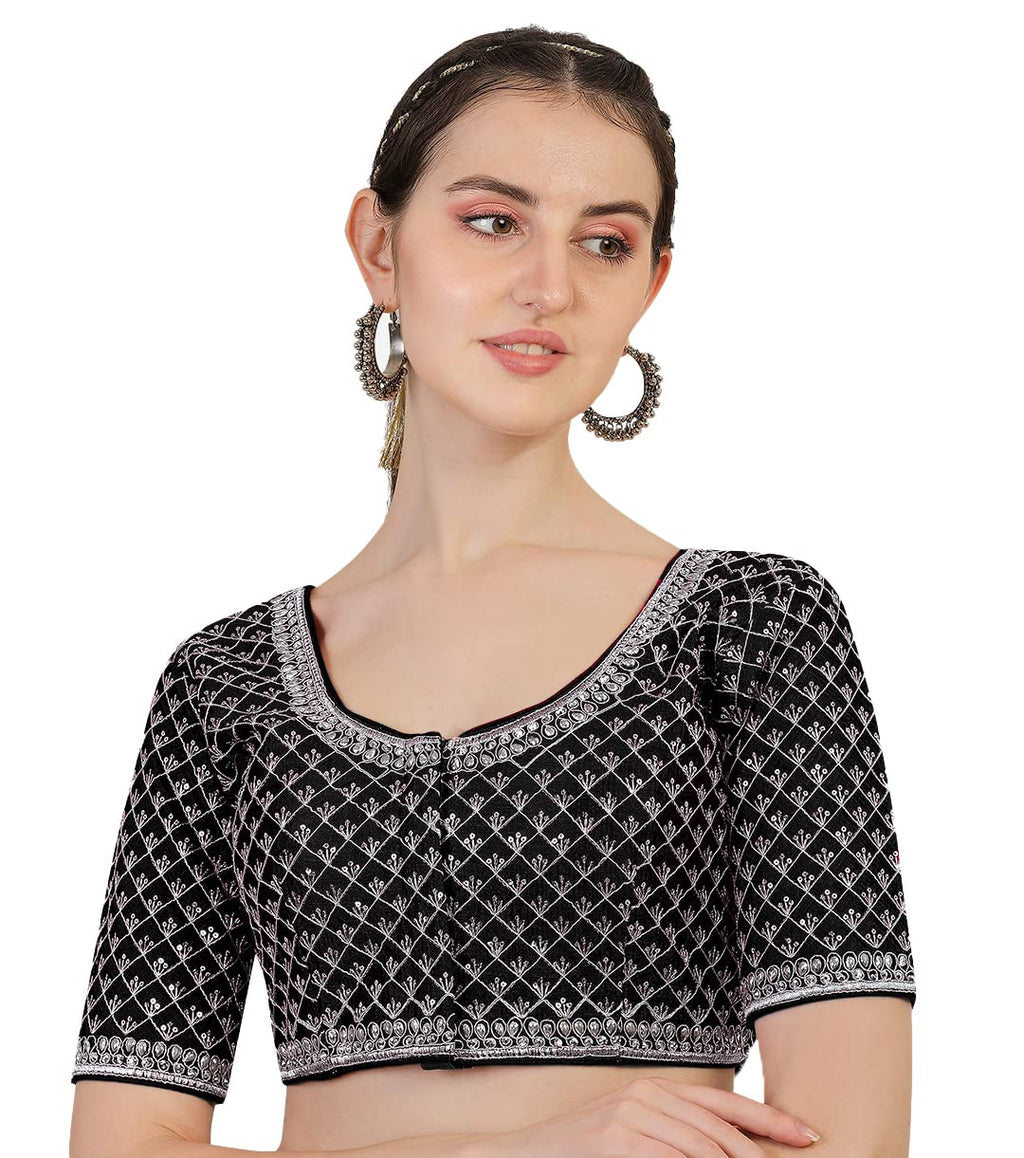 Pujia Mills Womens Heavy Silver Jari Thread Readymade Blouse for Saree Lehenga (Black, 36)