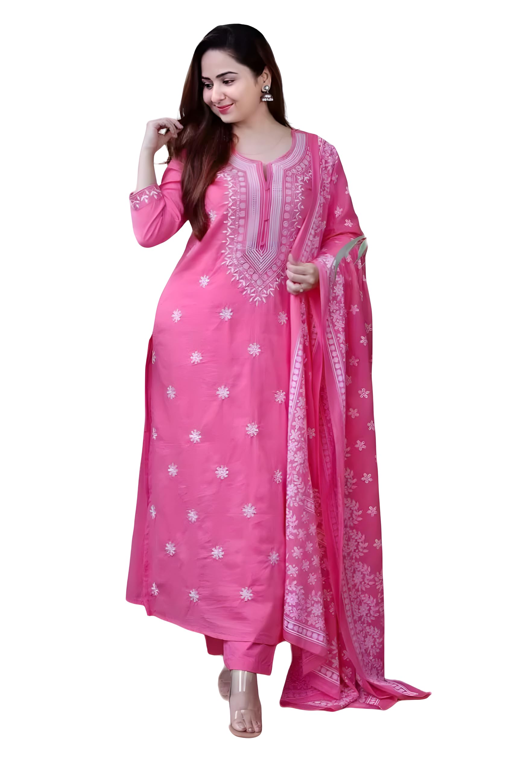 BHARVITA Womens Cotton Embroidered Chikankari Work Straight Kurta with Pant Set (2XL, PINK)