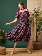 Kuduzo WomenS Crepe Maxi Dress With Half Sleeves Square Neck Line Floral Printed Pattern Maxi Length Regular Fit And Flare Purp