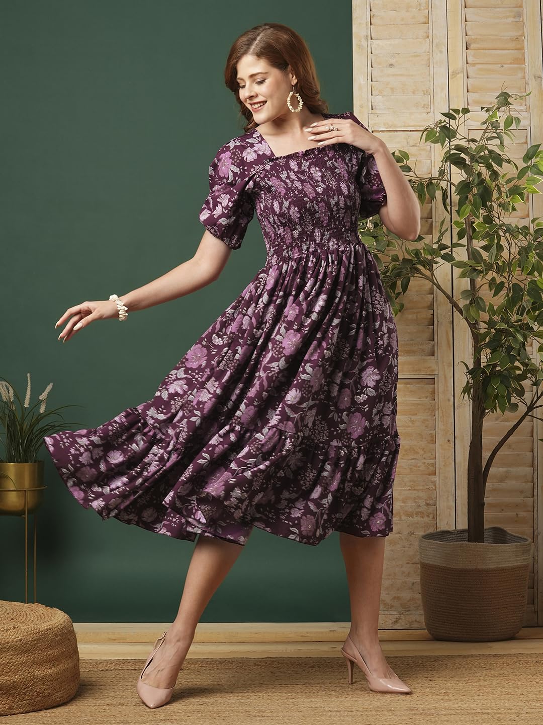 Kuduzo WomenS Crepe Maxi Dress With Half Sleeves Square Neck Line Floral Printed Pattern Maxi Length Regular Fit And Flare Purp