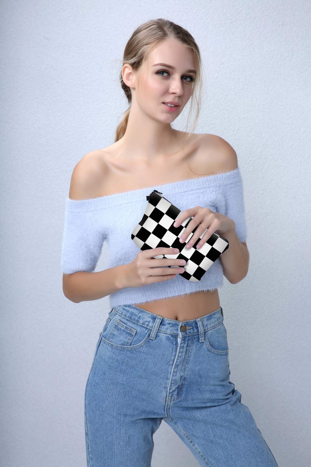 Deanfun Cosmetic Bag for Women, Black White Lattice Waterproof Makeup Bags Roomy Toiletry Pouch Travel Accessories Gifts (51782)