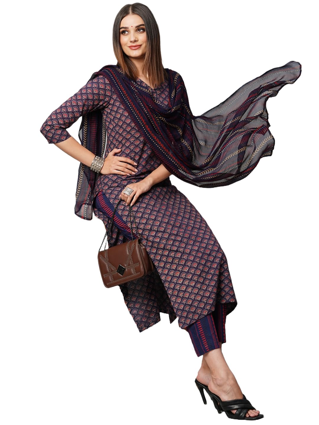 ANNI DESIGNER Womens Cotton Blend Straight Printed Kurta with Pant & Dupatta (Farali Blue_XL_Blue_X-Large)