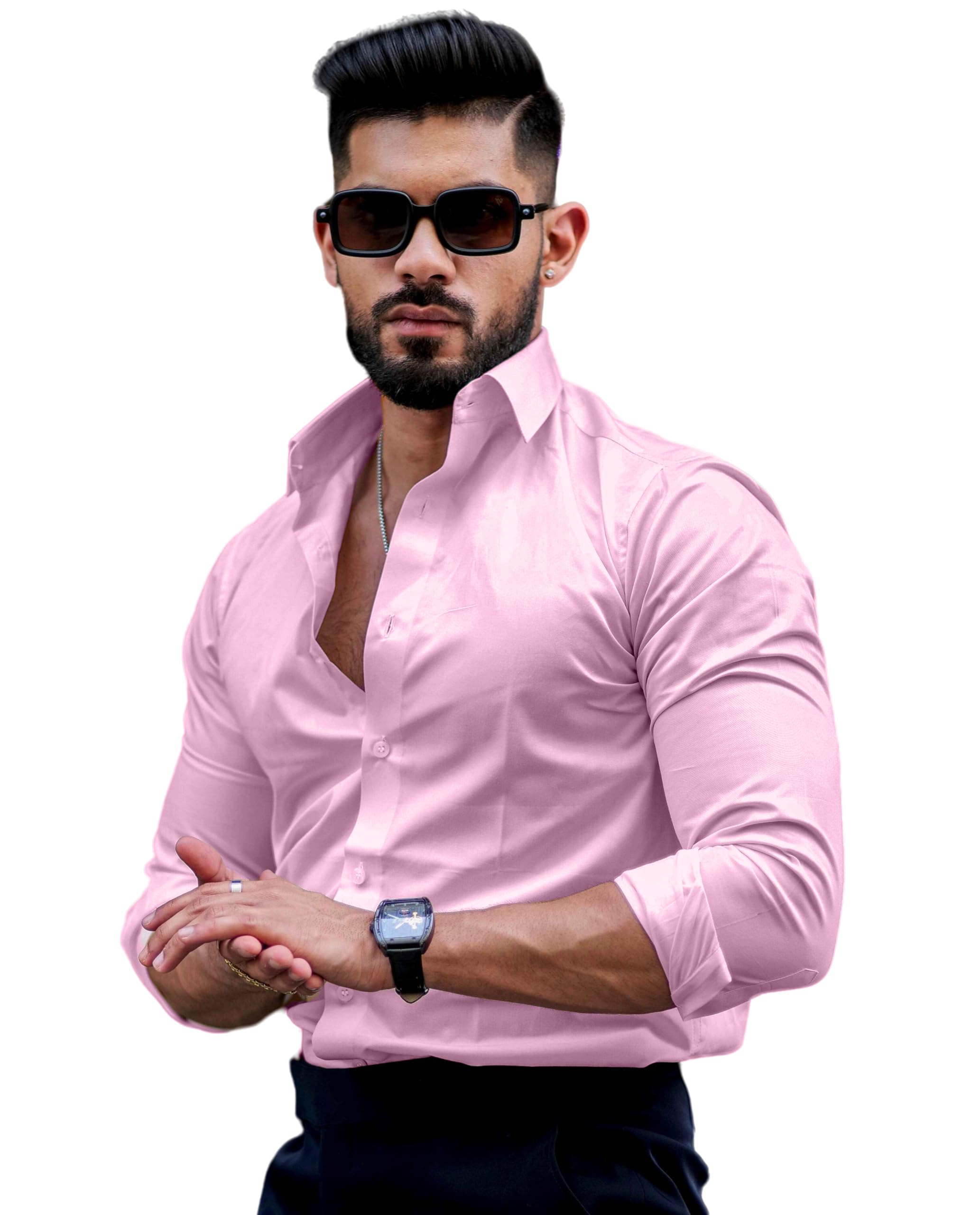 Indoprimo MenS Casual Solid Satin Shirt For Men Full Sleeves Baby Pink