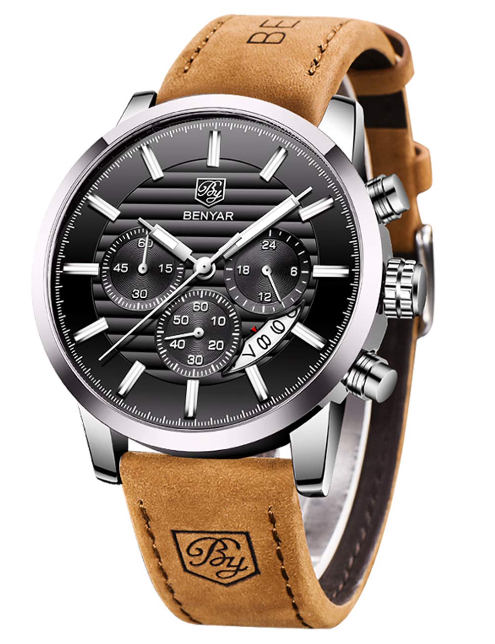 BENYAR Chronograph Waterproof Watches Business and Sport Design Black Leather Band Strap Wrist Watch for Men (Brown Silver Black