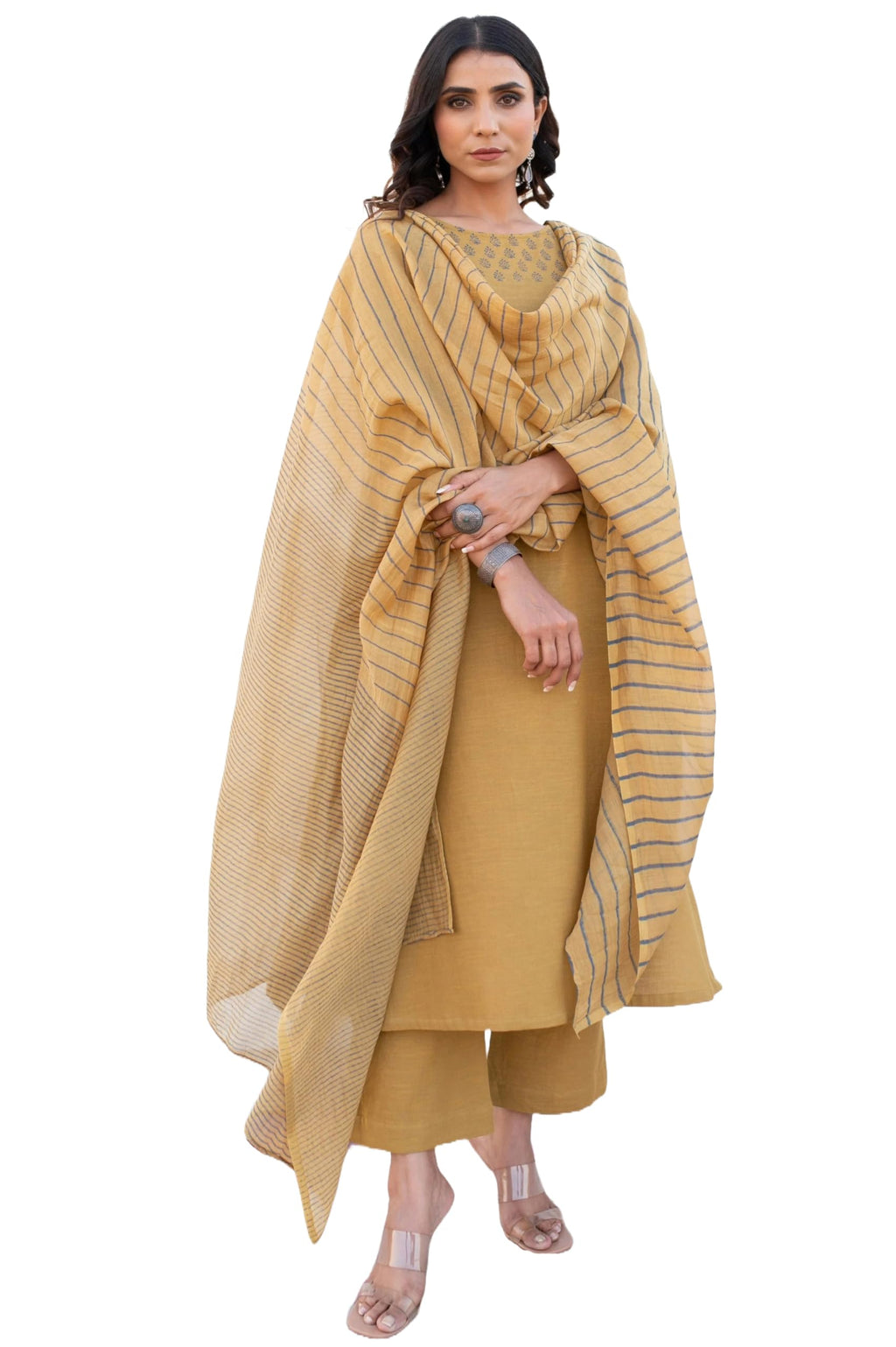 ANNI DESIGNER Women s Rayon Viscose Print Straight Kurta with Pants & Dupatta, Yellow, L