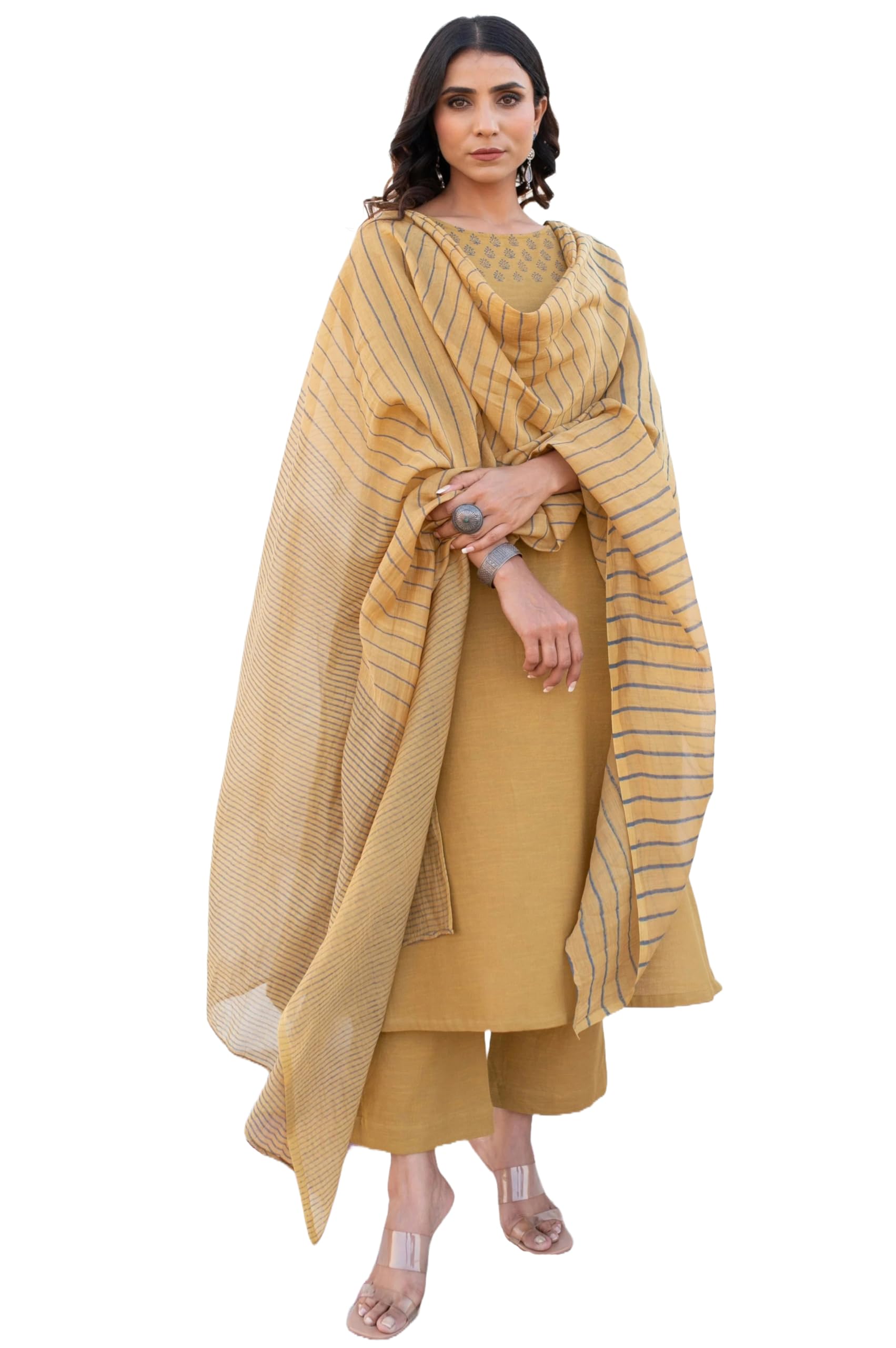 ANNI DESIGNER Women s Rayon Viscose Print Straight Kurta with Pants & Dupatta, Yellow, L