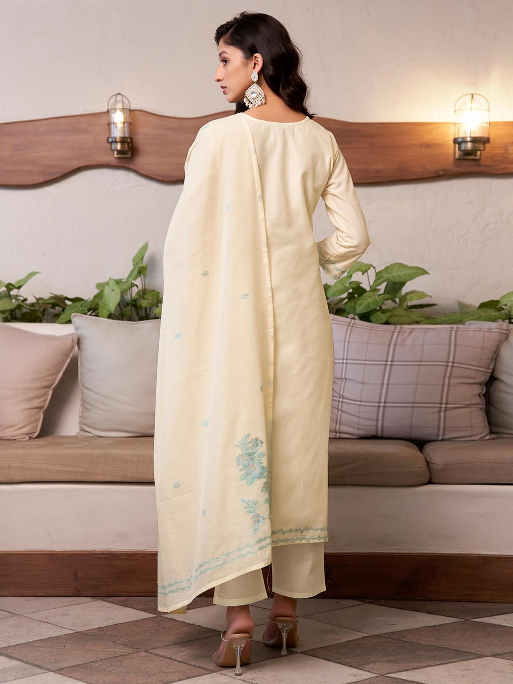 Sanisa Womens Cotton Jacquard Straight Kurta with Pant and Dupatta Set