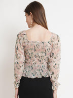 POPWINGS Casual Floral Print Chiffon Regular Fit Tops for Women || Full Sleeves Summer Tops for Women || Square Neck Smocking Pa