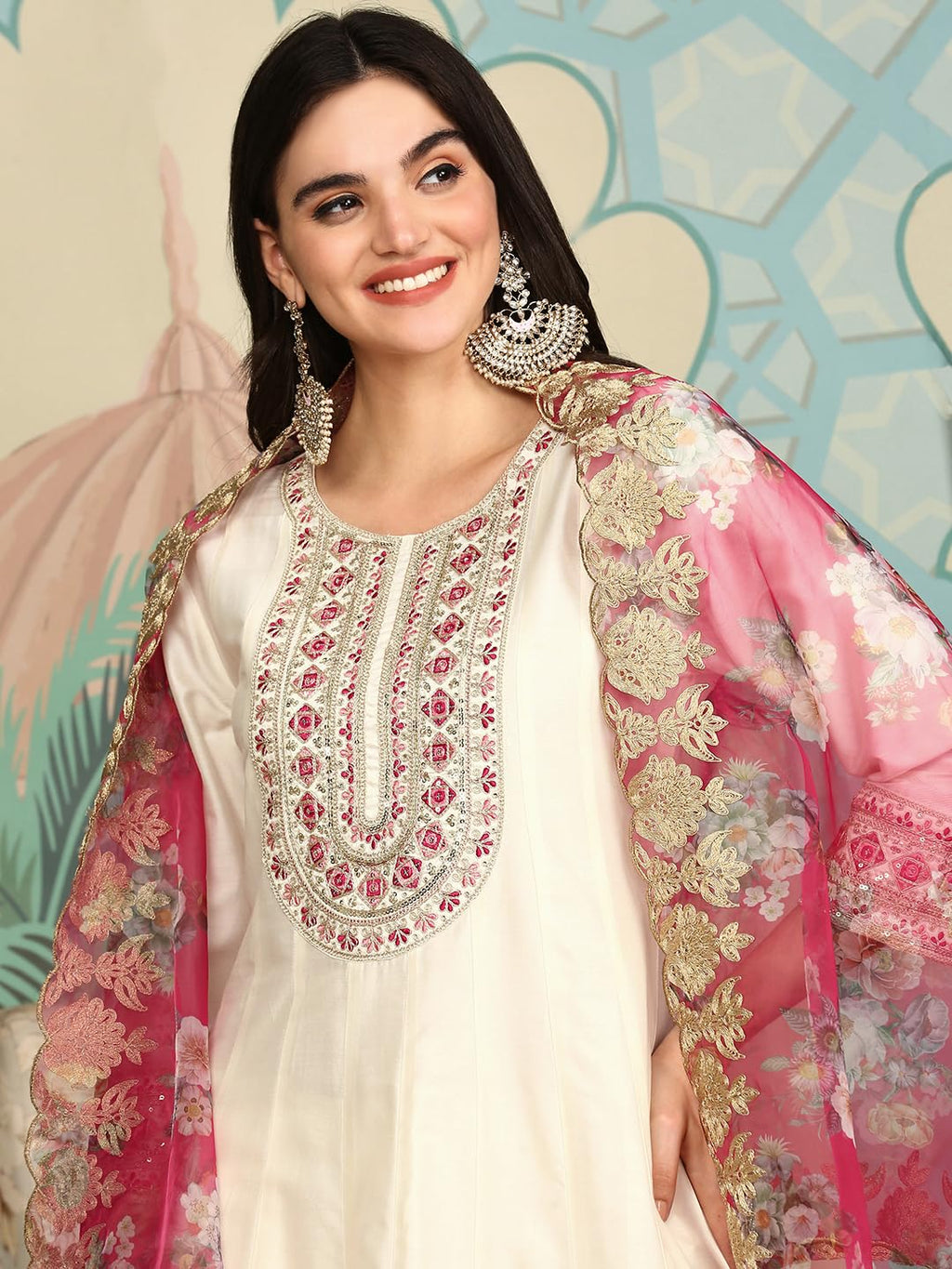 ishin White Floral Embroidered Thread Work Straight Kurta With Trousers & Dupatta | Kurta set for women | Kurta with trousers an