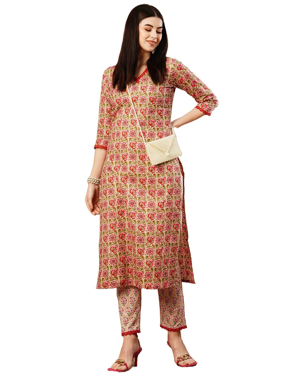 ANNI DESIGNER Ladies Cotton Blend Kurta & Trousers, red, L