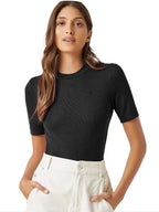 ANNI DESIGNER Womens Cotton Belnd Lycra Ribbed Solid Half Sleeve Round Neck Top (NTPR-Black-Nw_XL_Black_X-Large)