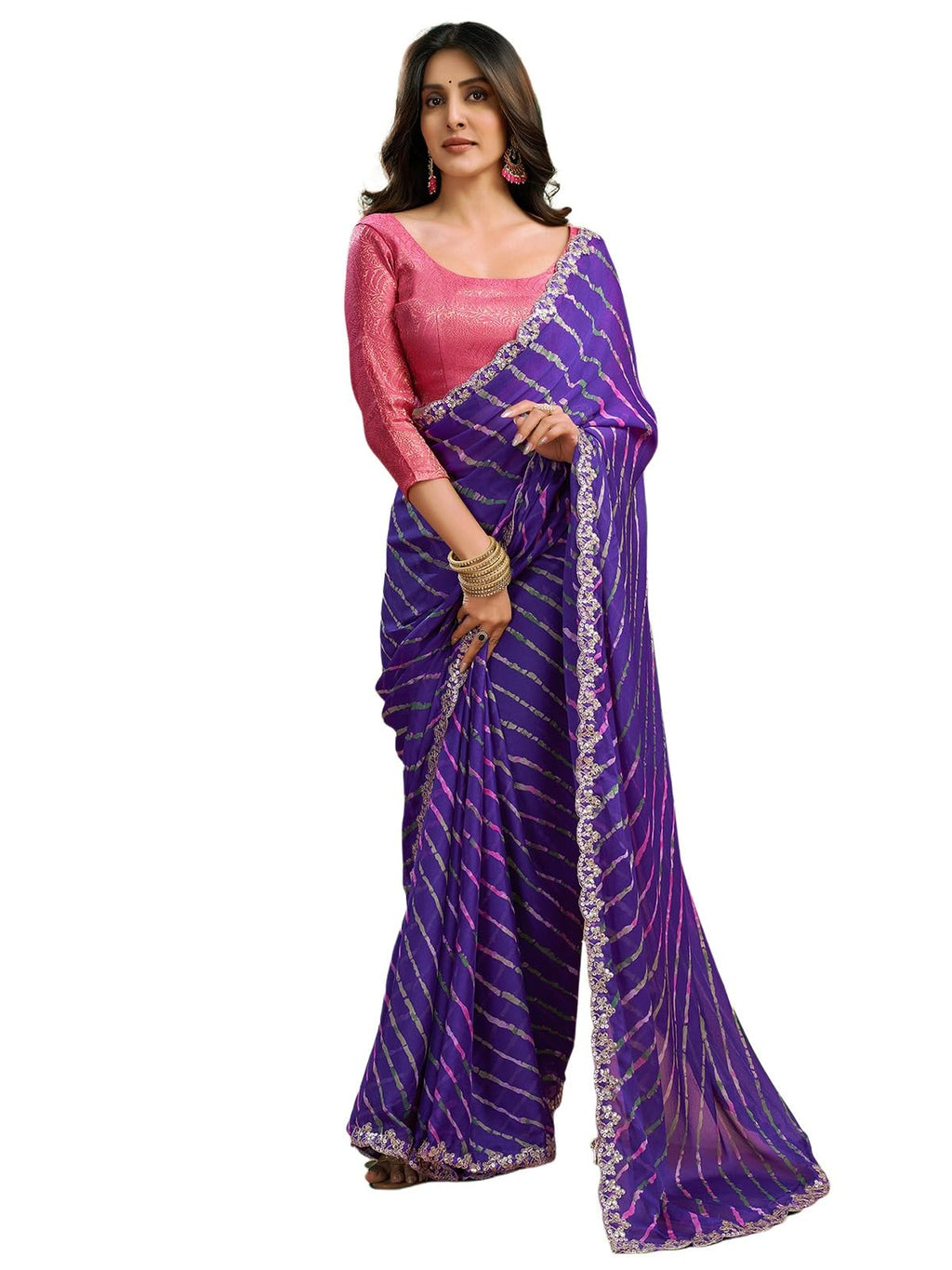 Satrani Womens Chiffon Leheriya Printed Saree with Unstitched Blouse Piece (4011S6287N_Violet)