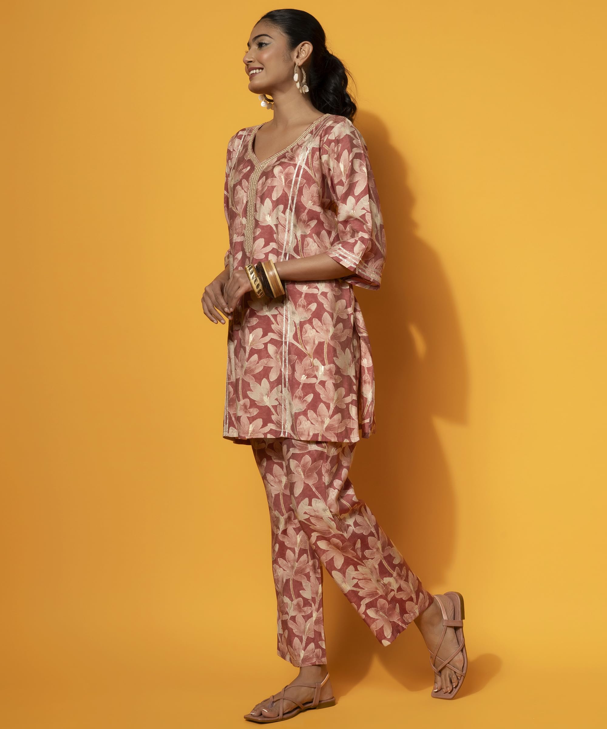 Libas Womens Printed Silk Blend Co-Ord Set For Women Rust