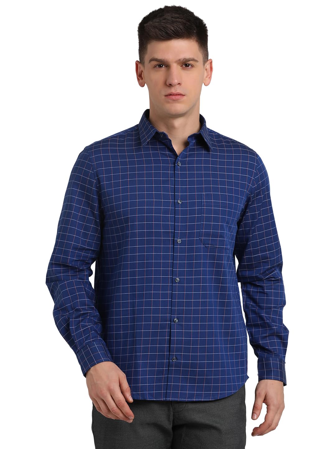 Turtle Men 100% Cotton Slim Fit Checkered Full Sleeve Formal Shirt Blue
