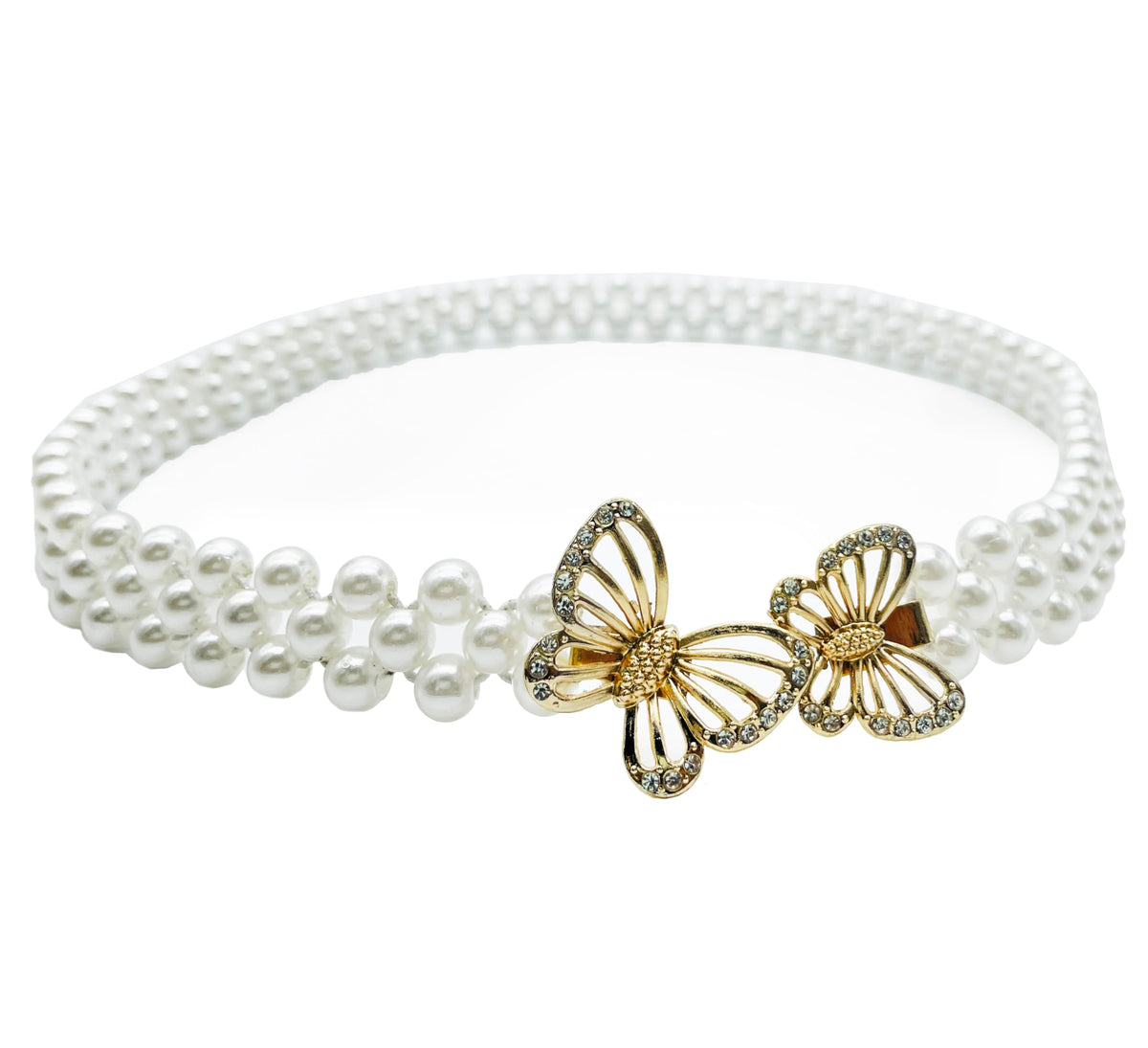 Syga WomenS Pearl Waist Chain With Golden Double Butterfly Crystal Buckle  Stretchable Kamarband Suitable Size For Waist 2434 24-34