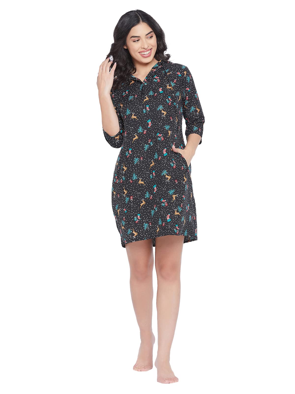 Clovia Women'S Rayon Christmas Print Short Hooded Dress (Ns1442P19_Multicolor_S)