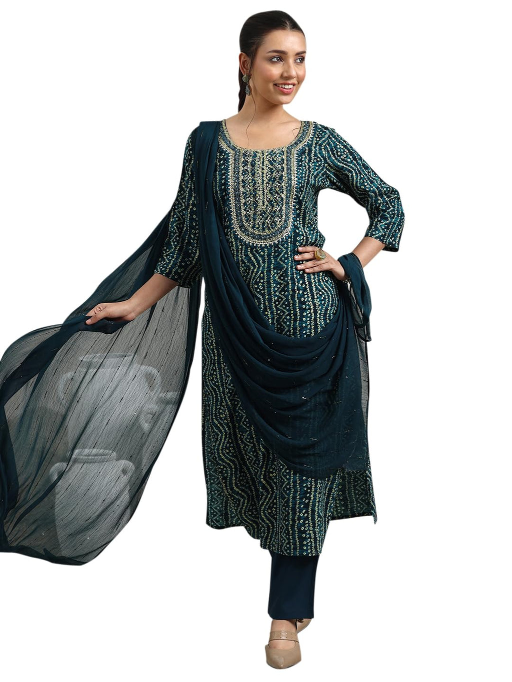 Libas Womens Printed Viscose Straight Kurta With Trousers And Dupatta