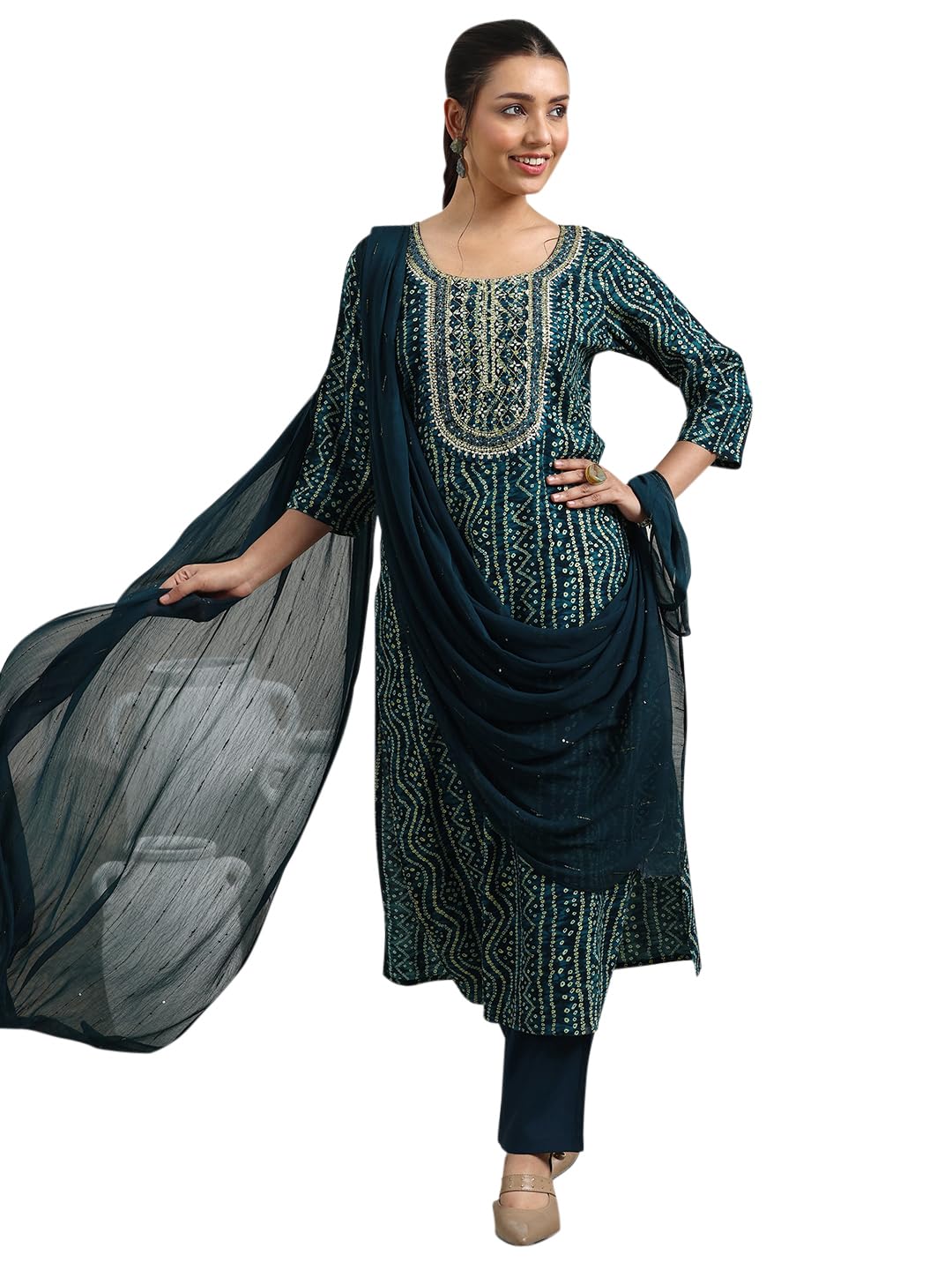 Libas Womens Printed Viscose Straight Kurta With Trousers And Dupatta