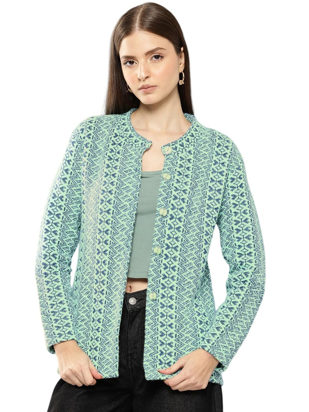 Aarika Womens Casual Wear Green Colour Zig Zag Woolen Cardigan (S-L)