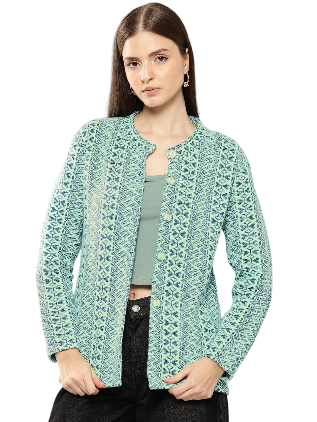 Aarika Womens Casual Wear Green Colour Zig Zag Woolen Cardigan (S-L)