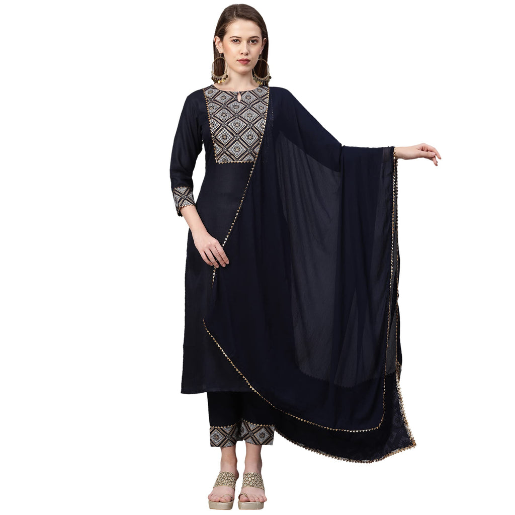 ANNI DESIGNER Women's Ruby Cotton Straight Kurta with Pant & Dupatta (KALAKARI-Blue_XL Kalakari-Blue_X-Large)