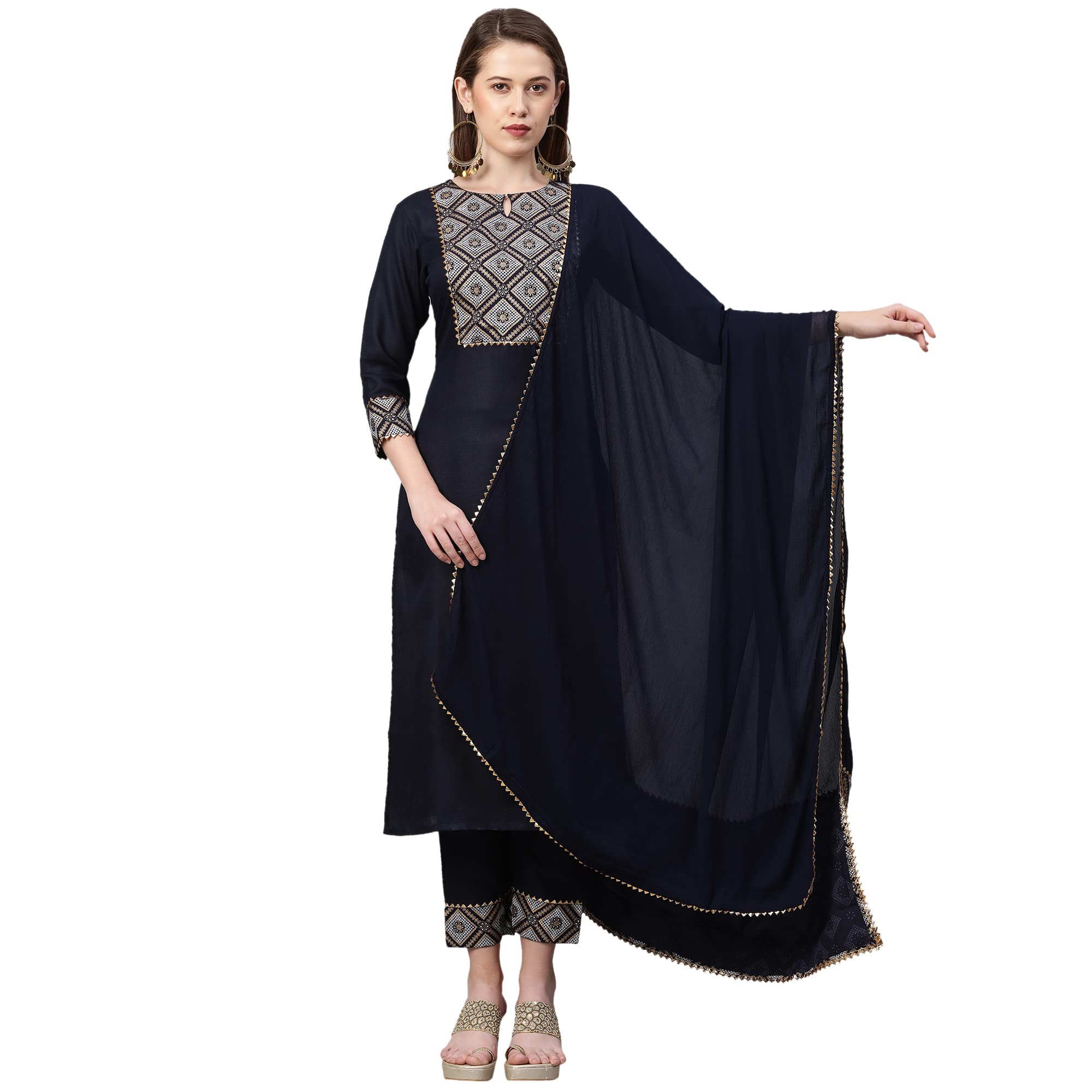 ANNI DESIGNER Women's Ruby Cotton Straight Kurta with Pant & Dupatta (KALAKARI-Blue_XL Kalakari-Blue_X-Large)