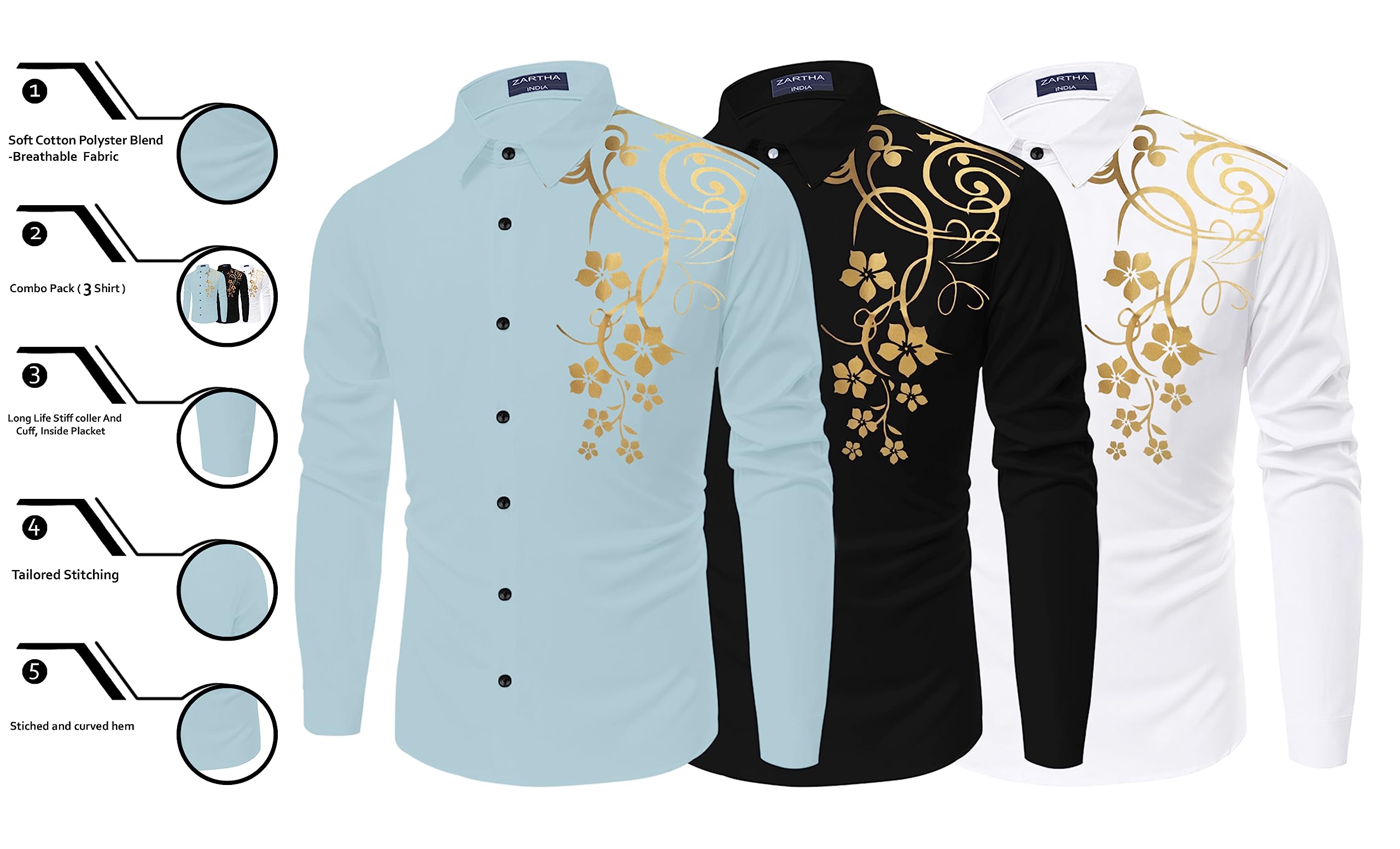 Zartha Combo Of MenS Regular Fit Cotton Polyester Blend Full Sleeve Casual Shirts (Pack Of 3)