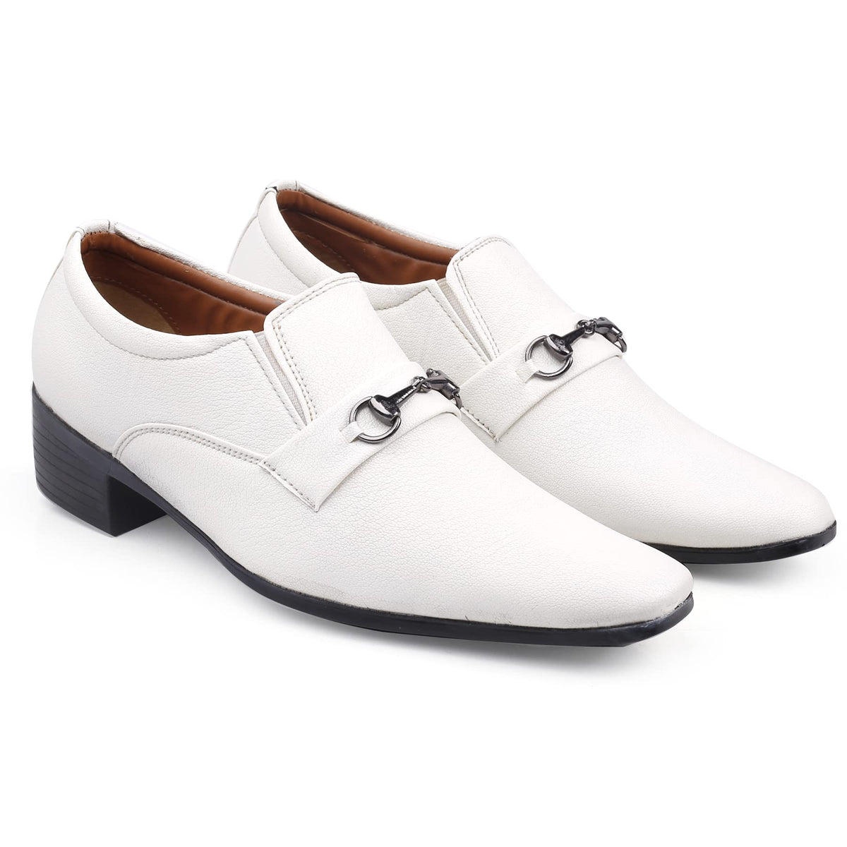 YUVRATO BAXI Mens 2 Height Increasing Synthetic Material White Formal Buckle Moccasion, Loafer SlipOn Shoes with Pu Sole. 6  6