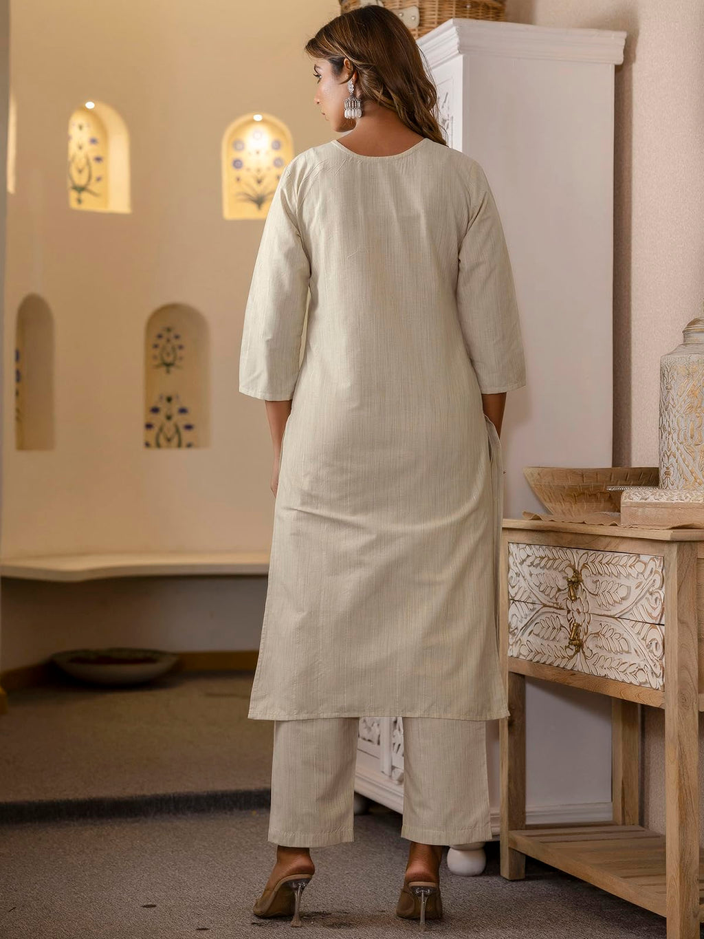 Sanisa Women'S Cotton Blend Weaving & Embroidery Straight Kurta With Pant And Dupatta Set