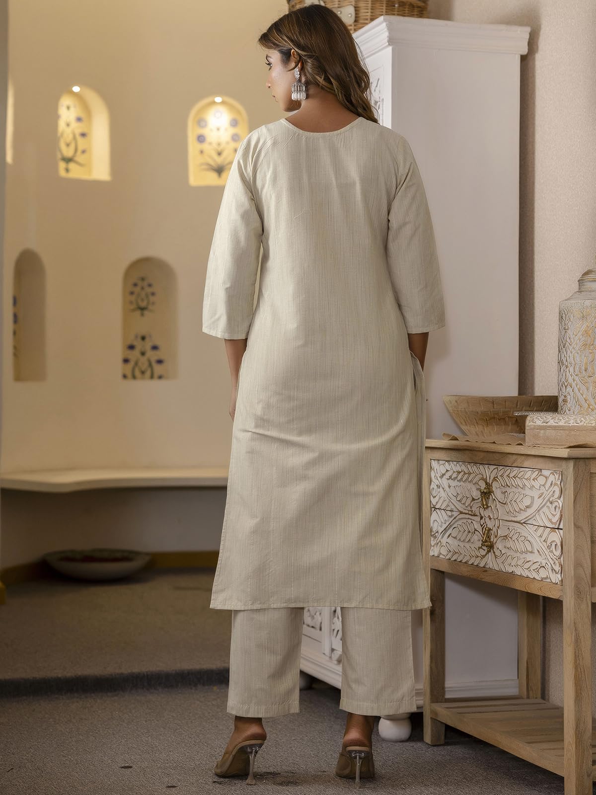 Sanisa Women'S Cotton Blend Weaving & Embroidery Straight Kurta With Pant And Dupatta Set