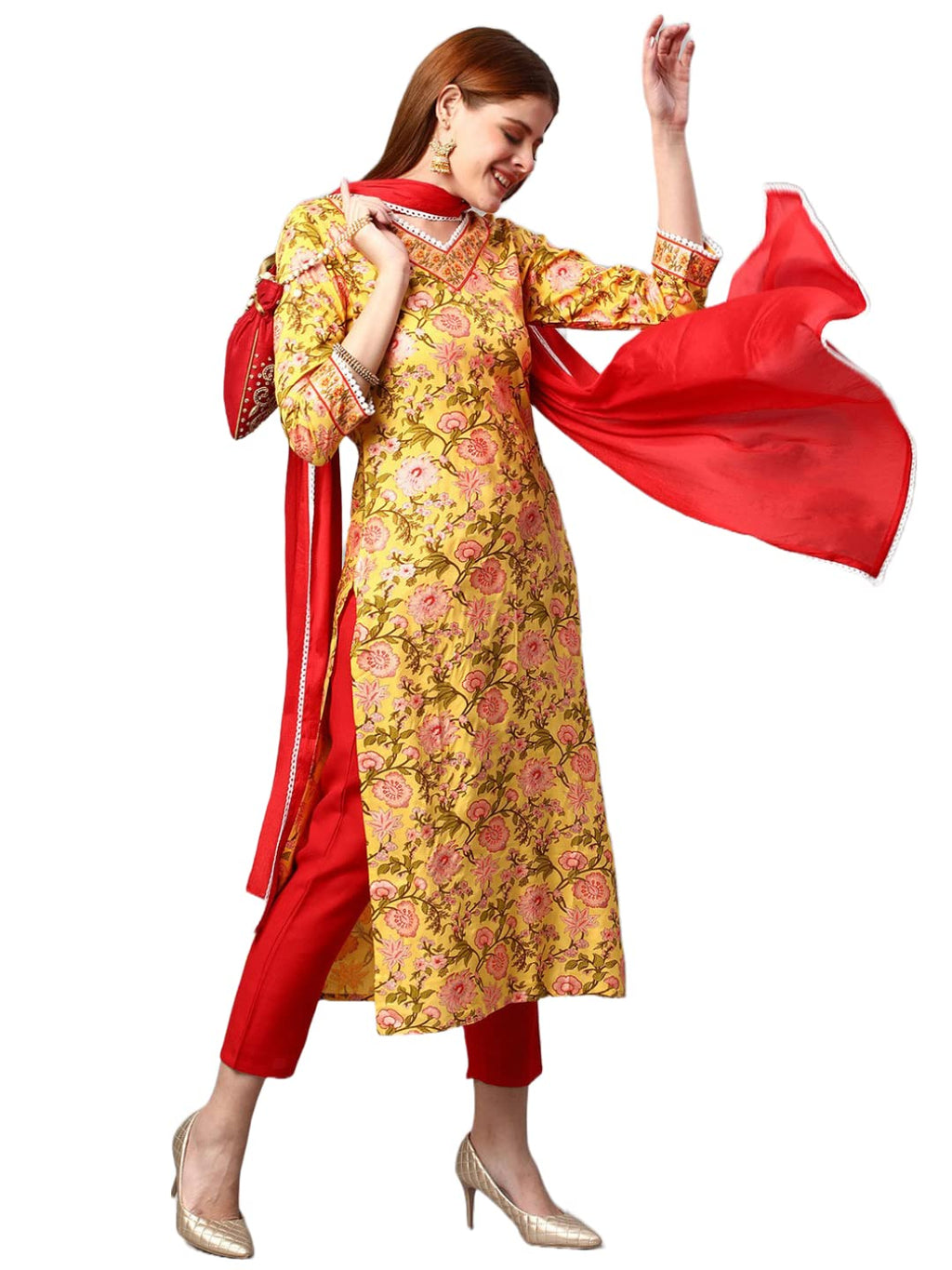 Gosriki Women'S Cotton Blend Floral Printed Straight Kurta With Pant & With Dupatta (Amd 30-Yellow_S-Gs_Yellow_Small)