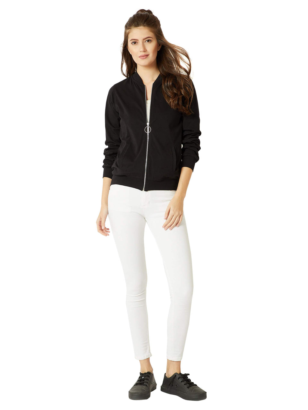Miss Chase WomenS Cotton Standard Round Neck Full Sleeves Solid Ring Puller Detailing Zippered Bomber Jacket (Mcaw18Jkt02-54-62